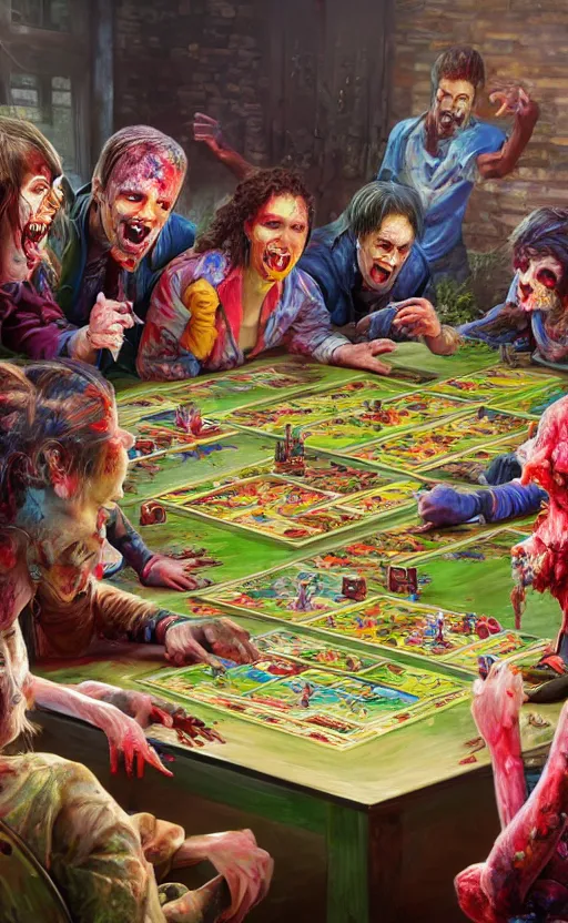 Prompt: beautiful detailed photorealistic painting of a group of friends dressed as zombies playing a board game. the friends are happy and having fun. vibrant, high quality, vibrant colors, very funny, beautiful, hq. hd. 4 k. award winning. trending on artstation