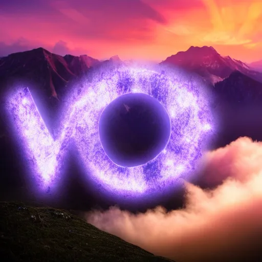 Prompt: glowing letter v on top of a mountain, purple fog and clouds, 8 k, highly detailed,