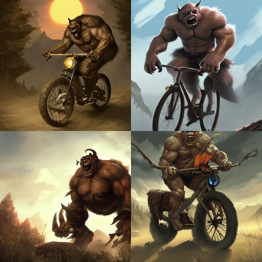 Prompt: orc riding a bike, artstation, 4K