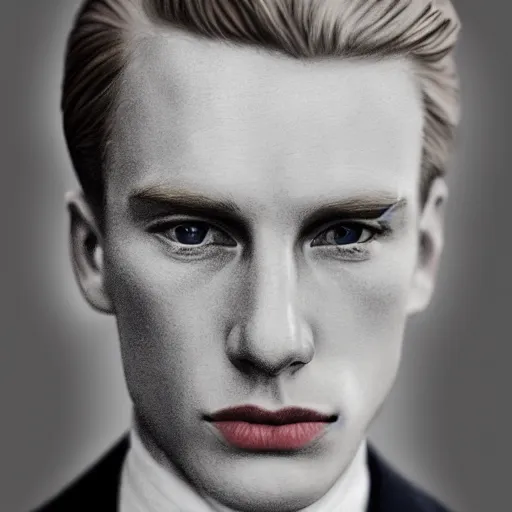 Prompt: A pencil drawing portrait of a blond young Irish man with high cheekbones. Good bone structure. Dressed in 1940s style. Highly detailed, fine Art, high detail, great lighting, 8k resolution, masterpiece, concept art, illustration, clear eyes, painting oil on canvas, octane render, HDR, trending on artstation, 4k, 8k, HD