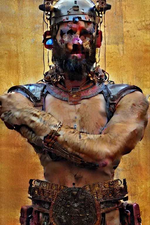 Prompt: Gladiator, muscular, detailed face, correct face, cyberpunk chinese ancient castle, fantasy, painting by Gustav Klimt, greg rutkowski and alphonse mucha