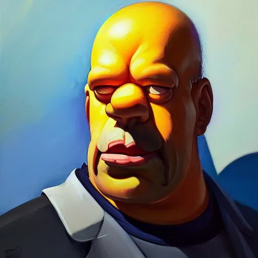 Image similar to Greg Manchess portrait painting of Homer Simpson as Overwatch character, medium shot, asymmetrical, profile picture, Organic Painting, sunny day, Matte Painting, bold shapes, hard edges, street art, trending on artstation, by Huang Guangjian and Gil Elvgren and Sachin Teng