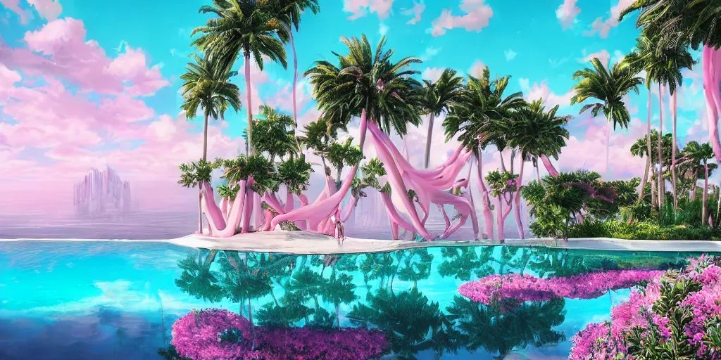 Image similar to artgem masterpiece, hyperrealistic surrealism, award winning masterpiece with incredible details, epic stunning, infinity pool, a surreal vaporwave liminal space, highly detailed, trending on ArtStation, calming, meditative, pink arches, flowing silk sheets, palm trees, very vaporwave, very very surreal, sharp details, dreamscape