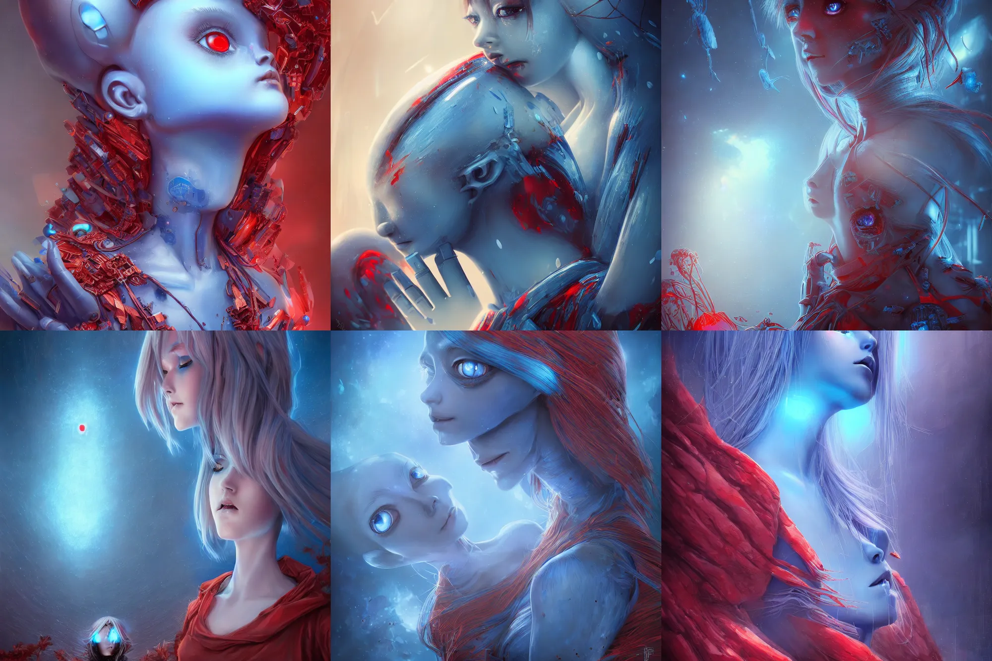 Prompt: detailed, sharp, dreaming blue humanoid female automata looking up to a red building consumed by alien flesh by Anna Dittmannand, digital art. surreal. trending on art station. anime arts. featured on Pixiv, HD, 8K, highly detailed, good lighting, beautiful, epic, horror