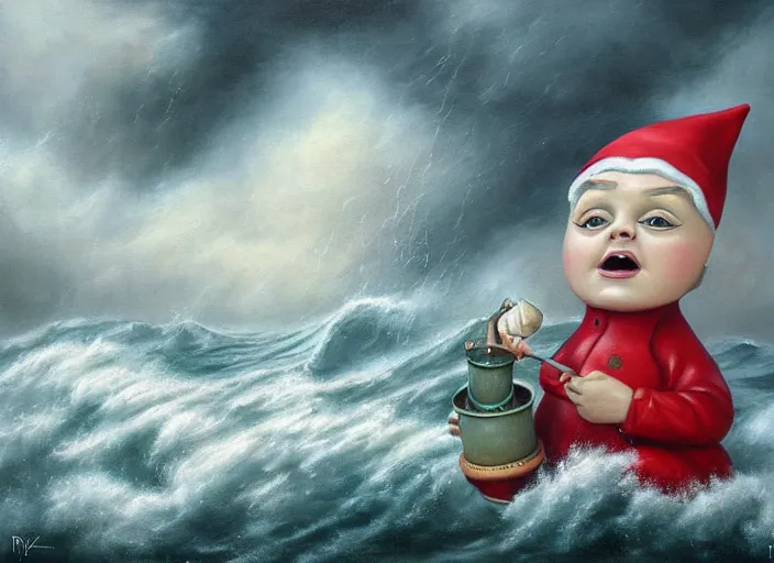 Image similar to a terrified garden gnome sailing in a bucket, background of raging ocean on a stormy with dramatic clouds, an ultrafine detailed painting by mark ryden, trending on deviantart, pop surrealism, whimsical, lowbrow, danger, perfect symmetrical face