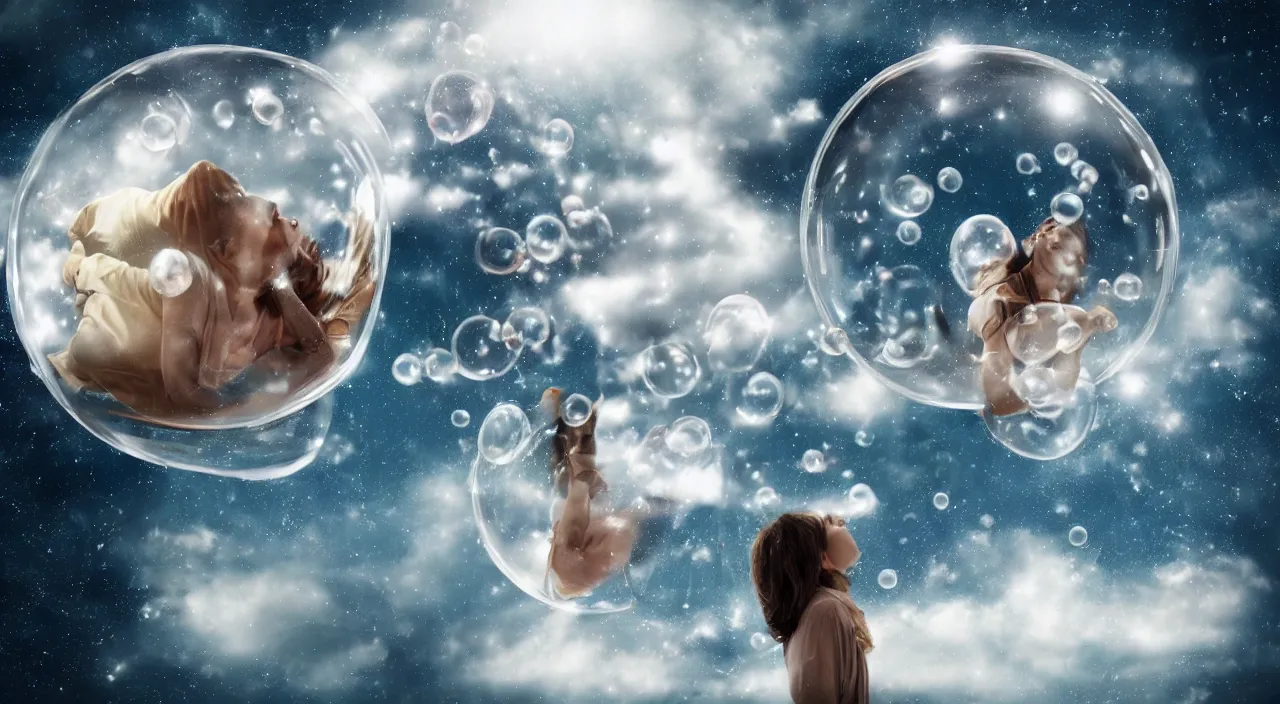 Prompt: someone dreaming and the dream is manifesting in a bubble floating above them, high quality, cinematic, award winning