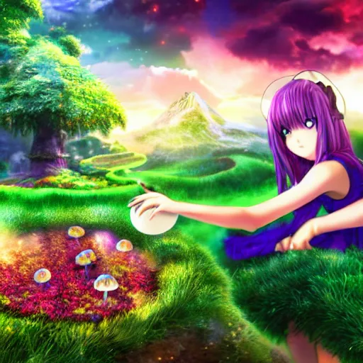 Prompt: photo realistic beautiful anime girl picking magic mushrooms fantasy land