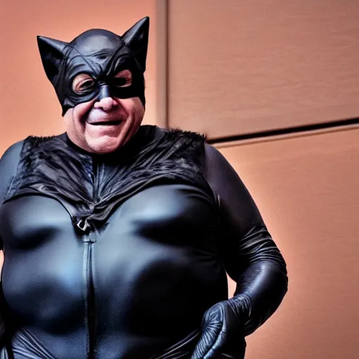 Image similar to Danny DeVito as Catwoman, film grain, EOS-1D, f/1.4, ISO 200, 1/160s, 8K, RAW, symmetrical balance, in-frame, Dolby Vision