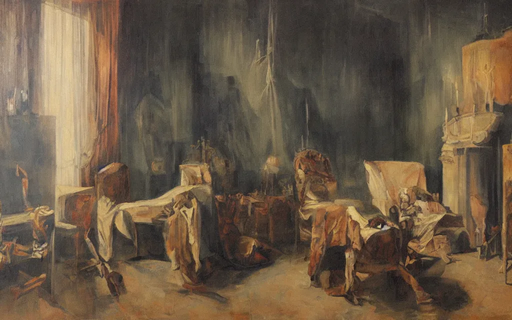 Image similar to a painting of nightmare in a room, by vilhelms purvitis, oil on canvas