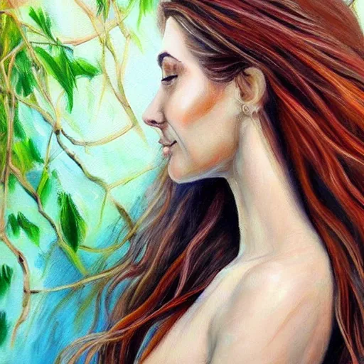 Image similar to side profile of a beautiful woman with long flowing hair, nature elements, painting by dimitra Milan.