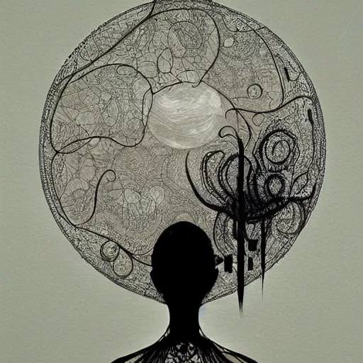 Image similar to looking at the full moon, transparent soul leaving the body, filigree, lace, art by loish, dave mckean