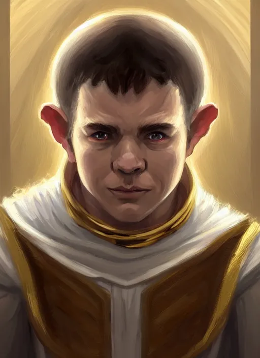 Image similar to symmetry!! oil painting digital art dungeons & dragons facial portrait of a halfling male cleric, white robe with gold accents, lponytail!!!, wry smirk, brown, gold and white cloak, necklace, elegant, highly detailed, digital painting, artstation, concept art, sharp focus, illustration, art by artgerm and greg rutkowski and alphonse mucha