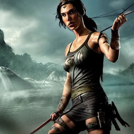 Prompt: Gal Gadot as Tomb Raider aiming a bow. Girl power. Movie poster art.