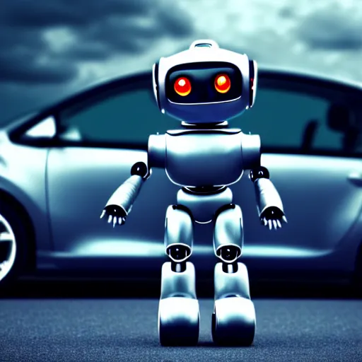 Image similar to a cute little robot at front of a car. super realistic 8 k render of a dark hooded powerful elegant, cinematic composition