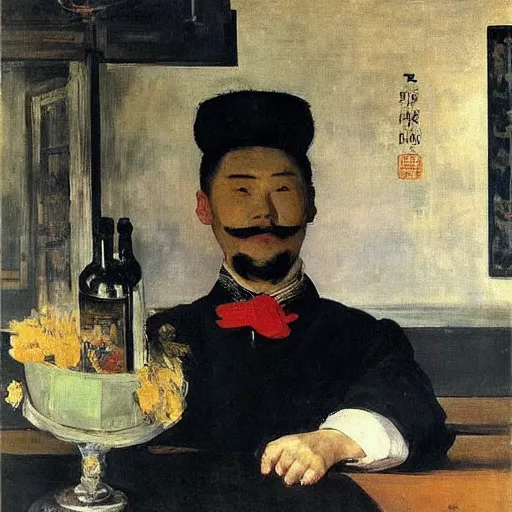 Prompt: portrait of a male chinese robot bartender by edouard manet