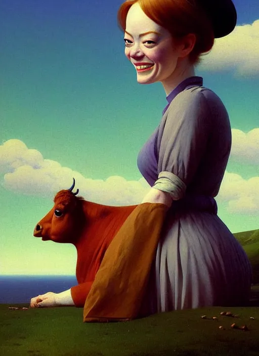 Prompt: hyper detailed 3 d render like a oil painting - cute portrait of emma stone with a smiling cow looking over her shoulder by ryden, kawase hasui, dorothea tanning, edward hopper and james gilleard, aivazovsky, beksinski, outram, artstation