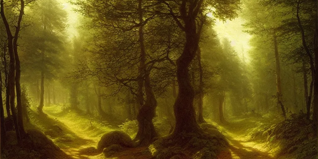 Image similar to a 1 9 th century german romantic landscapes painting of the quiet forest path by john howe and caspar david friedrich ， oil painting style, light and shadow color, super wide angle, mysterious, quiet atmosphere ， trending on artstation h 5 7 6