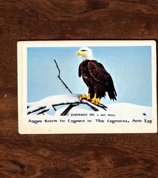 Image similar to damaged postcard of 'an eagle in the nest of a snowy pine tree' laying on coffee table, zoomed out shot