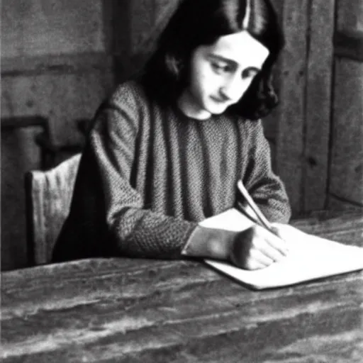 Image similar to Photograph of Anne frank writing in her diary in the attic