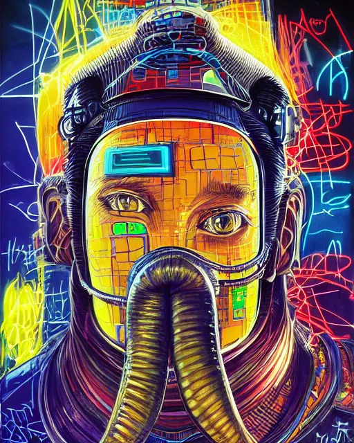 Prompt: a cyberpunk portrait of an anthropomorphic elephant by jean - michel basquiat, by hayao miyazaki by artgerm, highly detailed, sacred geometry, mathematics, snake, geometry, cyberpunk, vibrant, water