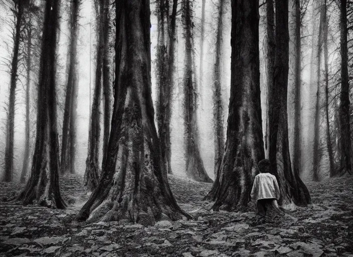 Image similar to giant trees, small people by Jakub Rozalski, lomography photo, blur, monochrome