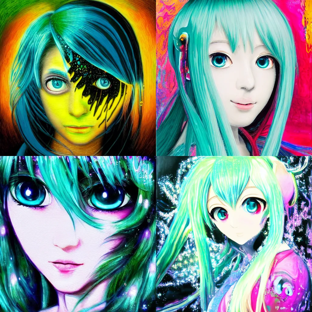 Prompt: A bright thick silver liquid seeping through,highly detailed painting of Hatsune Miku with sparkly googly anime eyes, chiaroscuro, masterpiece painted by Claude Monet, nacre painting, paint-on-glass painting, pastel oil inks, very ethereal, dark, chiaroscuro, nacre, neon static, neon gradient, vantablack, chiaroscuro, paint-on-glass painting, oil inks, very ethereal, silver light