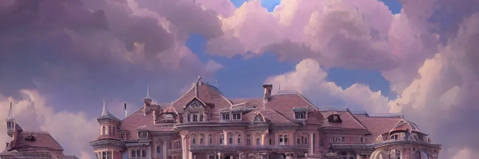 Image similar to beautiful digital illustration of an Art Nouveau palace in the sky, realistic clouds, pastel color scheme, reflecting pool, concept art, deviantArt, artsation, artstation HQ, HD, 16k resolution, octane, finalRender, Unreal Engine