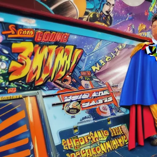 Prompt: a comic book super hero who is just really good at pinball and throws pinball machines he has a long cape his left hand is missing and instead is a launcher from a pinball machine, 4k, highly detailed, heroic pose, realistic lighting
