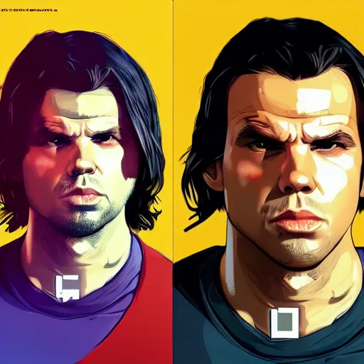 Image similar to Orelsan (2020) in a GTA V loading screen, cover art, posing solo, symmetrical face, in the style of Stephen Bliss, trending on artstation