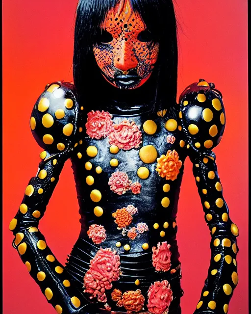 Image similar to portrait of a skinny punk goth yayoi kusama wearing armor by simon bisley, john blance, frank frazetta, fantasy, thief warrior, floral flowers colorful coral porcelain