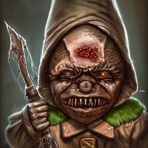 Prompt: a higly detailed horrific gnome portrait by dariusz zawadzki