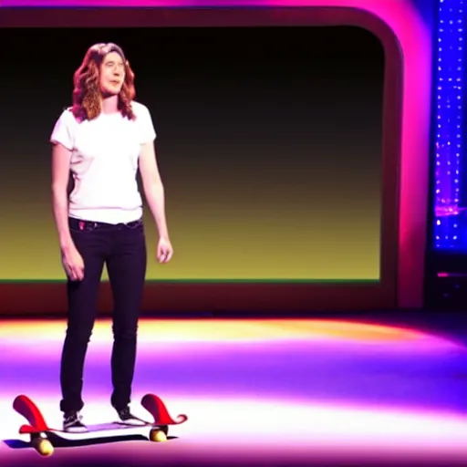 Image similar to film still of netflix comedy special. 3 2 - year - old, female short height, good - looking, standup comedian, skateboarder style, pale complexion, jewish and italian descent, fit, on stage, laughing, telling jokes