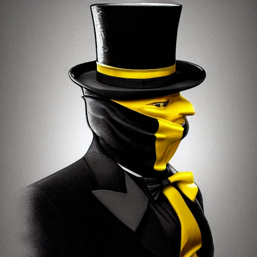 Image similar to a highly detailed portrait of a man in a high top hat covering his face, in a black tailcoat with a yellow waistcoat under the tailcoat, artstation, deviantart, professional, unreal engine 5, photorealistic