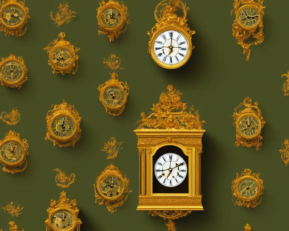 Image similar to an achingly beautiful print of dozens of ornate gold clocks on a dark green wall by Raphael, Hopper, and Rene Magritte. detailed, romantic, enchanting, trending on artstation.