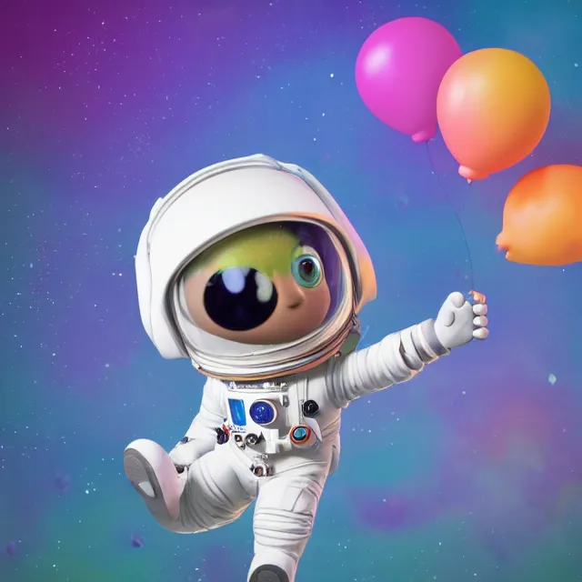 Image similar to a cute astronaut, pixar animation style, soft colors, by jeff koons, by lisa frank, octane render, by takashi murakami, colorful, spectral color, 5 d, ultra - hd, happy, good, mini, volumetric lighting