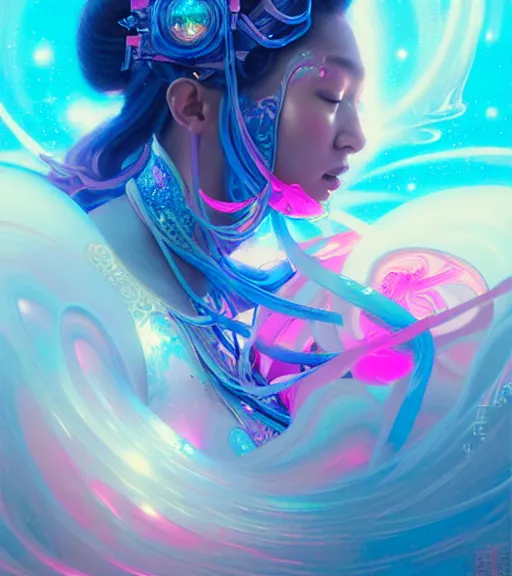 Prompt: porttait of a beautiful celestial Hawaiian pearlescent rgb Goddess wearing a futuristic lush Japanese battlesuit exposed in cryo chambers by James Jean, royal blue and pink theme, intricate, elegant, highly detailed, centered, digital painting, artstation, concept art, smooth, sharp focus, illustration, by Peter Mohrbacher, WLOP