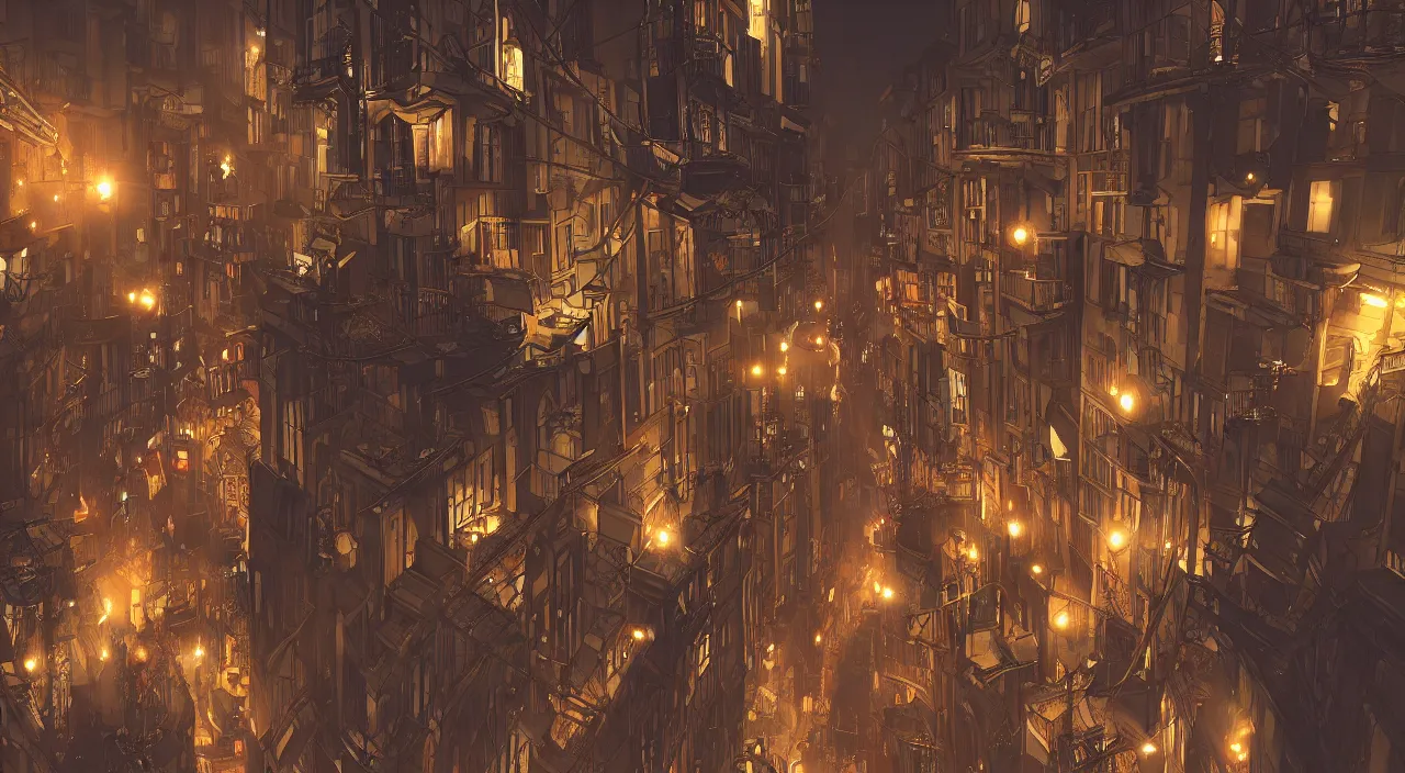 Image similar to low angle steampunk city by Tomer Hanuka, night time, streetlights, trending on artstation, octane render