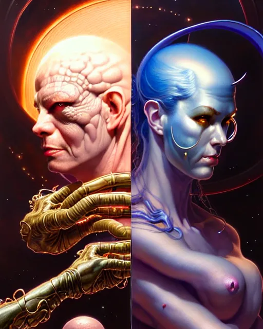 Prompt: a portrait of gemini good and evil fantasy character portrait facing each other, ultra realistic, wide angle, intricate details, the fifth element artifacts, highly detailed by peter mohrbacher, hajime sorayama, wayne barlowe, boris vallejo, aaron horkey, gaston bussiere, craig mullins