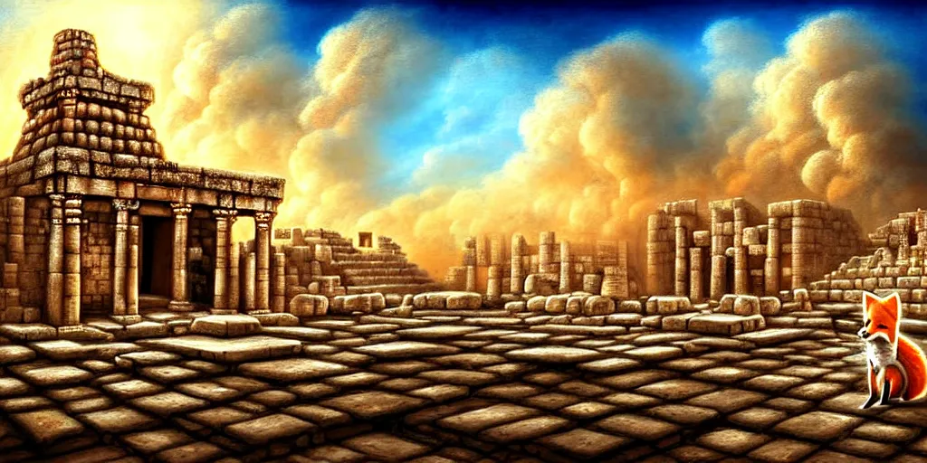 Image similar to illusion painting hidden temple in the clouds : an adorable small fox in the huge ruins of the second temple in jerusalem. a new temple hovers quietly hiding in the dreamy clouds above. a hooded bearded old man in a brown tunic laughing, colorful 8 k, art station, intricate superb details, digital art, illusion painting hidden image.