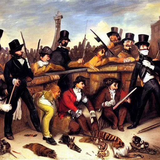 Image similar to Cat revolutionaries in various costumes on a barricade in Paris, 1848, oil on canvas, by Delacroix, 8k