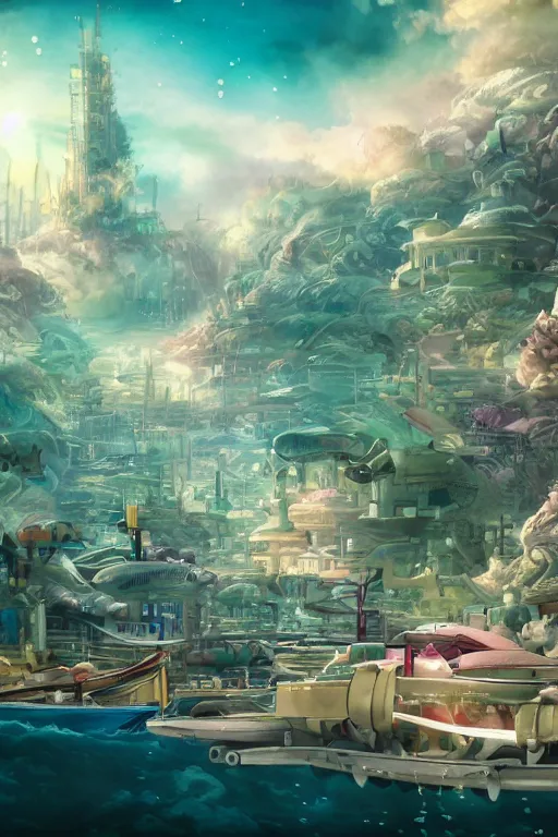 Prompt: a beautiful picture of a city under the sea ， fish shuttle, anime, detailed, 8 k