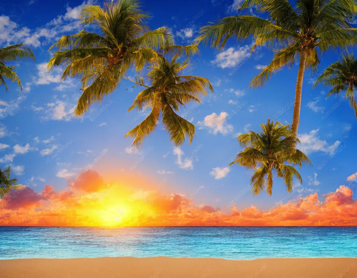 Prompt: photo of ultra realistic heart / shaped sandy beach island with one exotic palm tree, sunset lighting