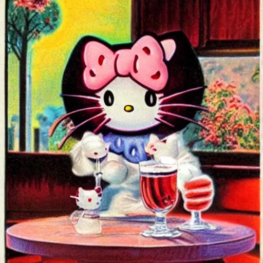 Prompt: Hello Kitty drinking beer, artwork by Earl Norem,