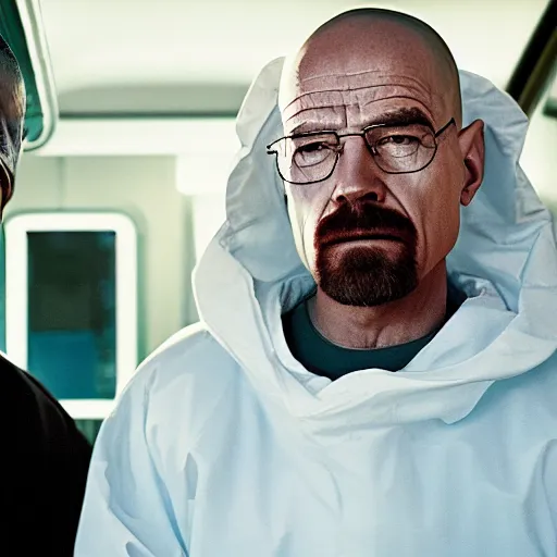 Image similar to obama and walter white wearing hazmat suits, hood off, film still of breaking bad, film grain, insanely detailed faces, realistic faces, photorealistic, 4k