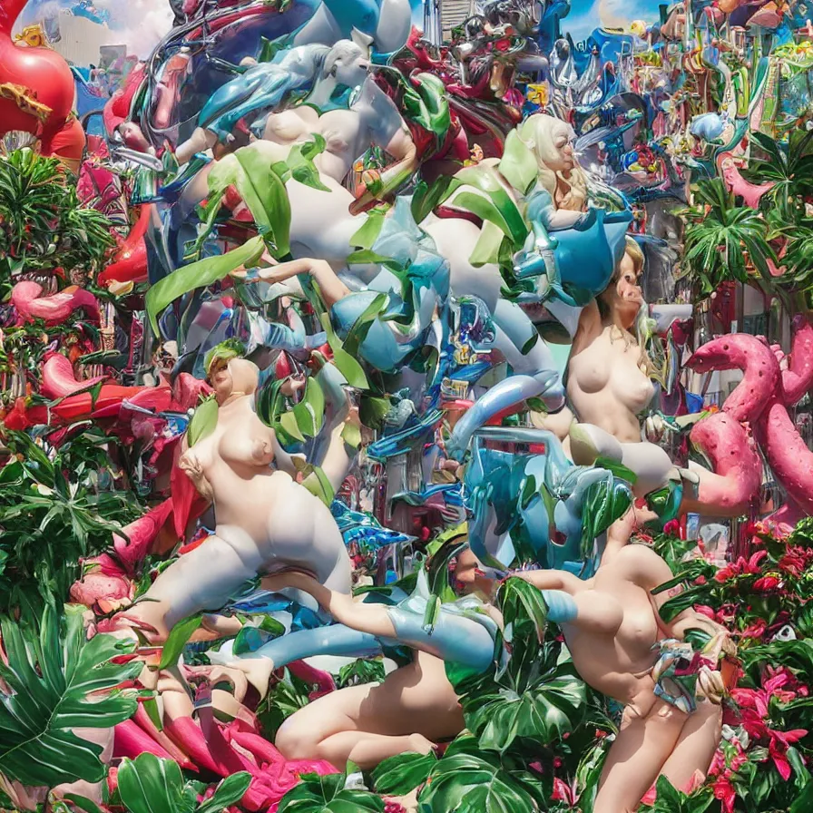 Image similar to an extreme close - up of a statue chrome cyborg lycra nymph battling a giant inflatable flamingo pool float, christmas cactus arnold schwarzenegger and monstera plants, fireworks thick smoke epic clouds, by jeff koons, hajime soryama, boris vallejo, artgerm, greg rutkowski, alphonse mucha