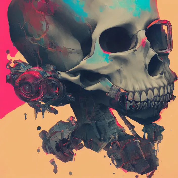 Image similar to a colorful comic noir illustration painting of a cyberpunk skull by sachin teng and sergey kolesov and ruan jia and pascal blanche. in style of chromatic risograph print, sci fi, hyper detailed. octane render. trending on artstation