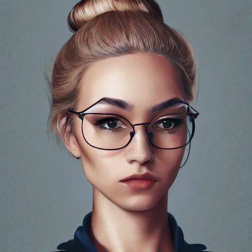 Image similar to middle aged beautiful french woman with blonde hair tied in a strict bun, spectacles, lots of makeup, arrogant, rich, expensive voluminous dress, digital art, high quality, 8 k, detailed, d & d character,