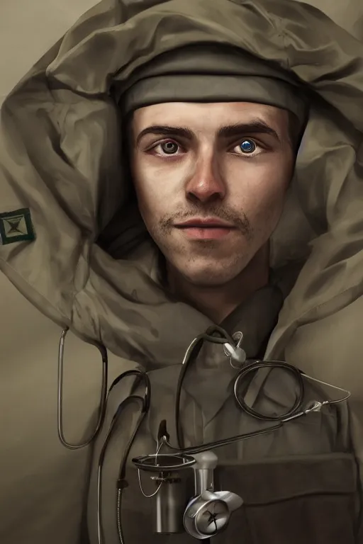 Image similar to a military doctor, portrait, mugshot, artstation, detailed , stethoscope, inside of a tent, midshot, 4k