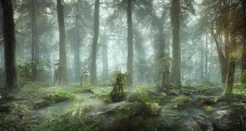 Prompt: a mystical forest, realistic, very detailed, photorealism, 8k, unreal engine 5, photo, colorful, by Alyssa Monks