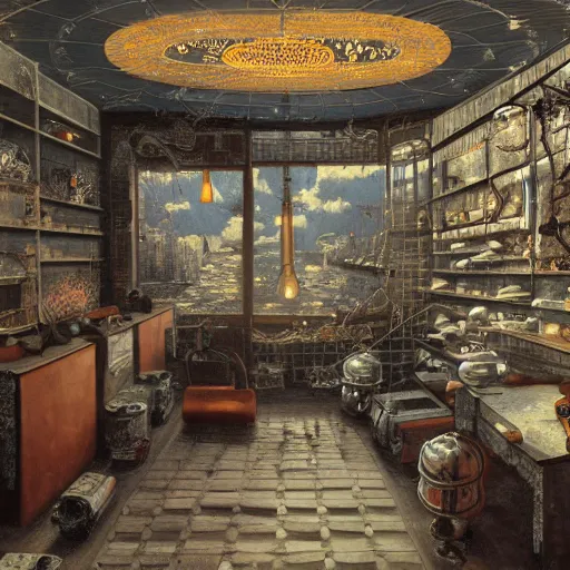 Image similar to detailed painting of a japanese repair shop interior room with celestial ephemeral ornaments and hr giger architecture, artstation, greg crewdson, cinematic